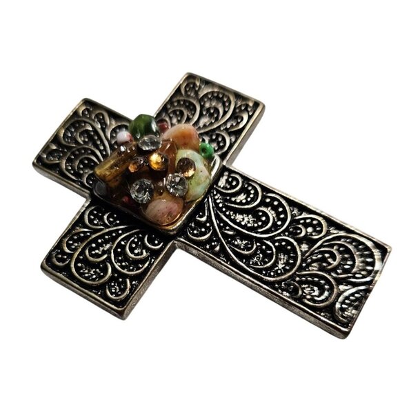 Decorative Cross Pendant with Gemstone Accents with magnetic closure H: 2.5 in. - Picture 2 of 6